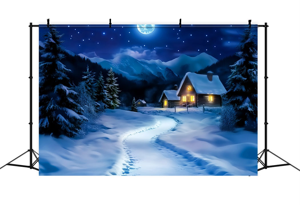 Village Backdrop Moonlit Snowy Cabin Path Winter Forest Backdrop UK LXX58-244