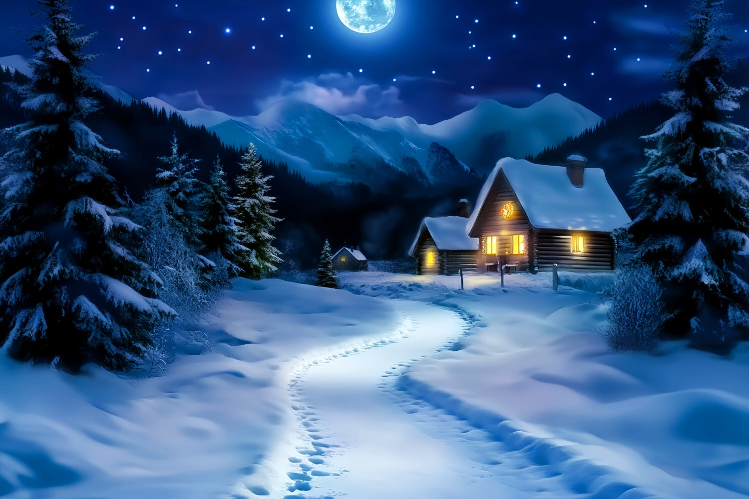 Village Backdrop Moonlit Snowy Cabin Path Winter Forest Backdrop UK LXX58-244