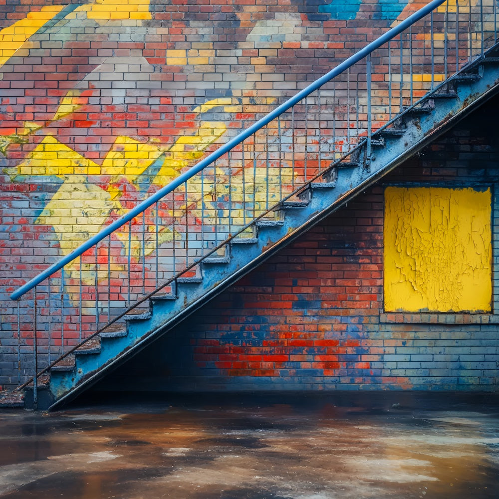 Graffiti Brick Staircase Backdrop Urban Staircase Brick Colors Graffiti Wall Backdrop UK LXX58-248