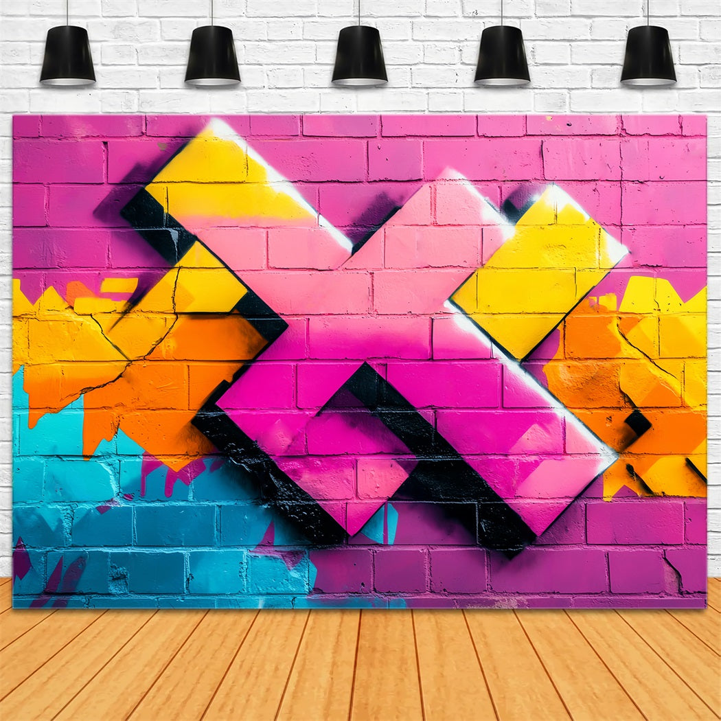 Graffiti Colorful Pink Brick Wall Geometric Neon Spray Shapes Graffiti Backdrop UK LXX58-249