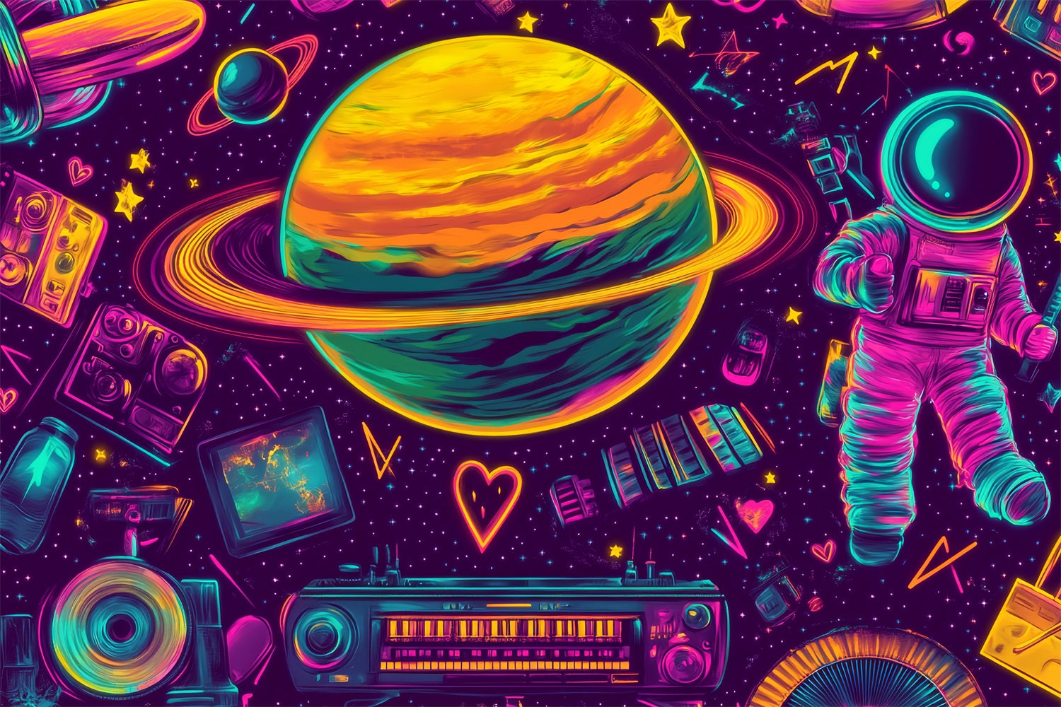 Graffiti Wall Neon Saturn Space Elements Graffiti Photo Backdrops UK LXX58-254