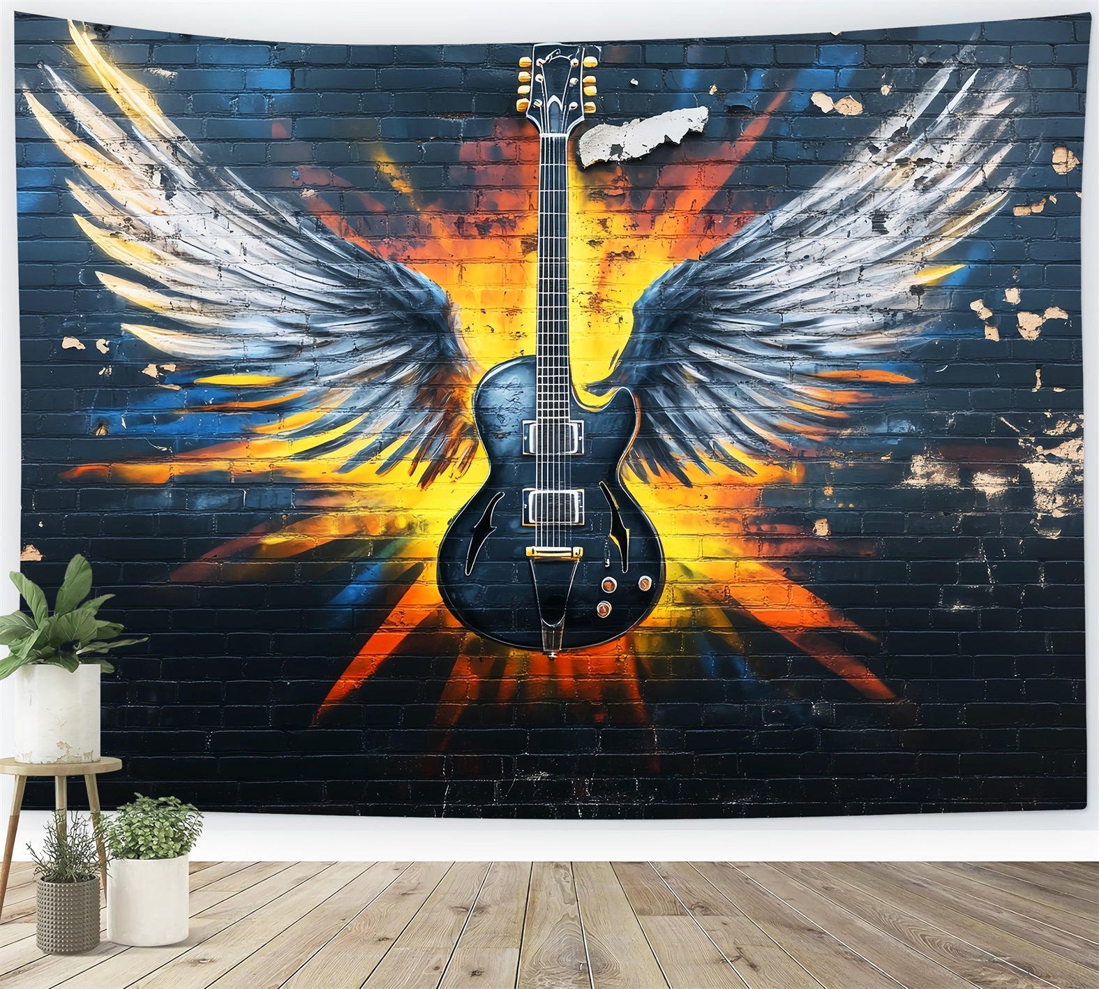 Graffiti Wall Electric Guitar Angel Wings Graffiti Photo Backdrop UK LXX58-256