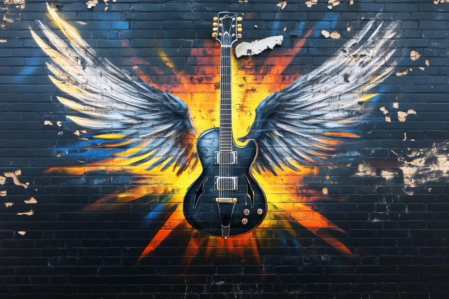 Graffiti Wall Electric Guitar Angel Wings Graffiti Photo Backdrop UK LXX58-256