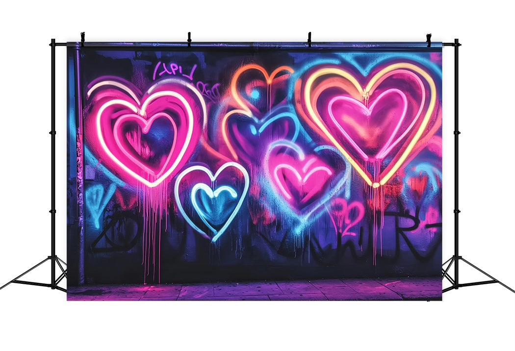 Graffiti Wall Neon Glowing Heart Shapes Graffiti Photo Backdrops UK LXX58-262