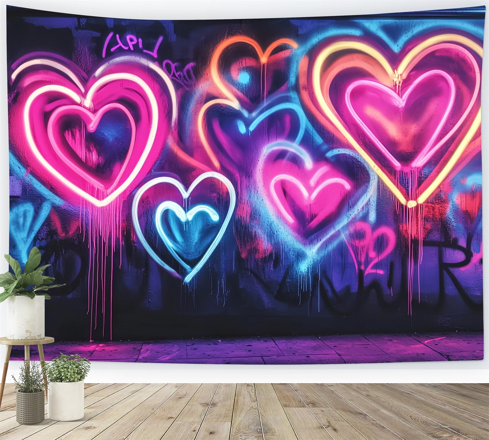 Graffiti Wall Neon Glowing Heart Shapes Graffiti Photo Backdrops UK LXX58-262