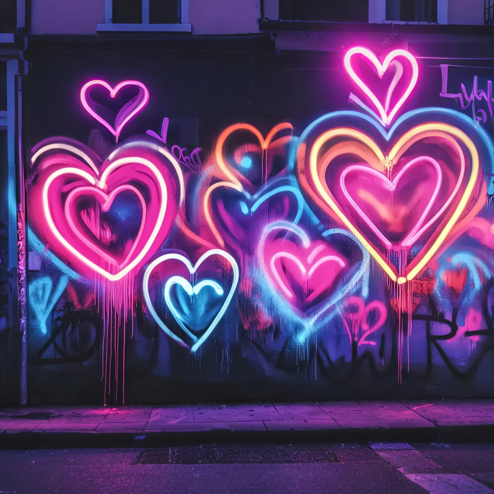 Graffiti Wall Neon Glowing Heart Shapes Graffiti Photo Backdrops UK LXX58-262