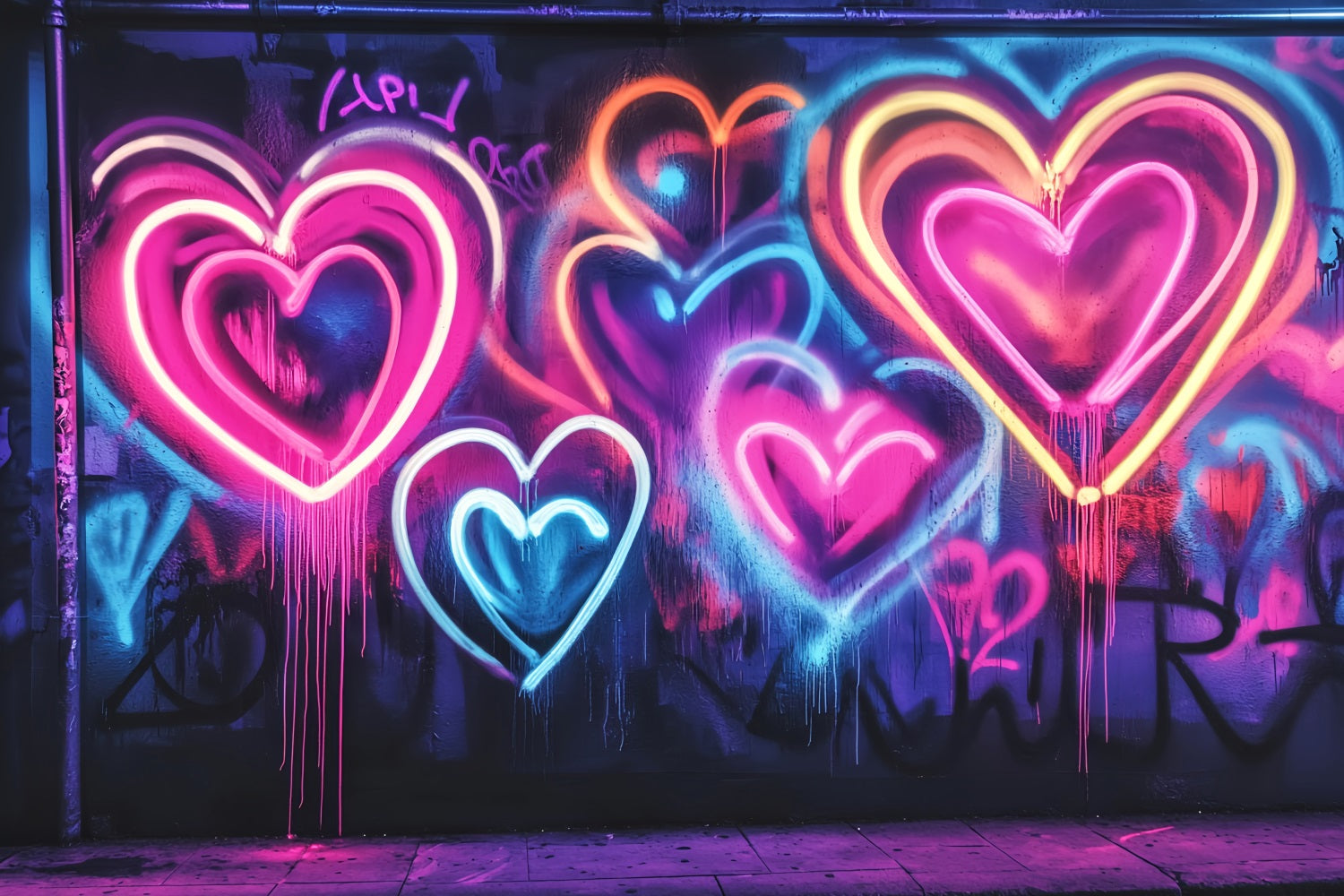 Graffiti Wall Neon Glowing Heart Shapes Graffiti Photo Backdrops UK LXX58-262