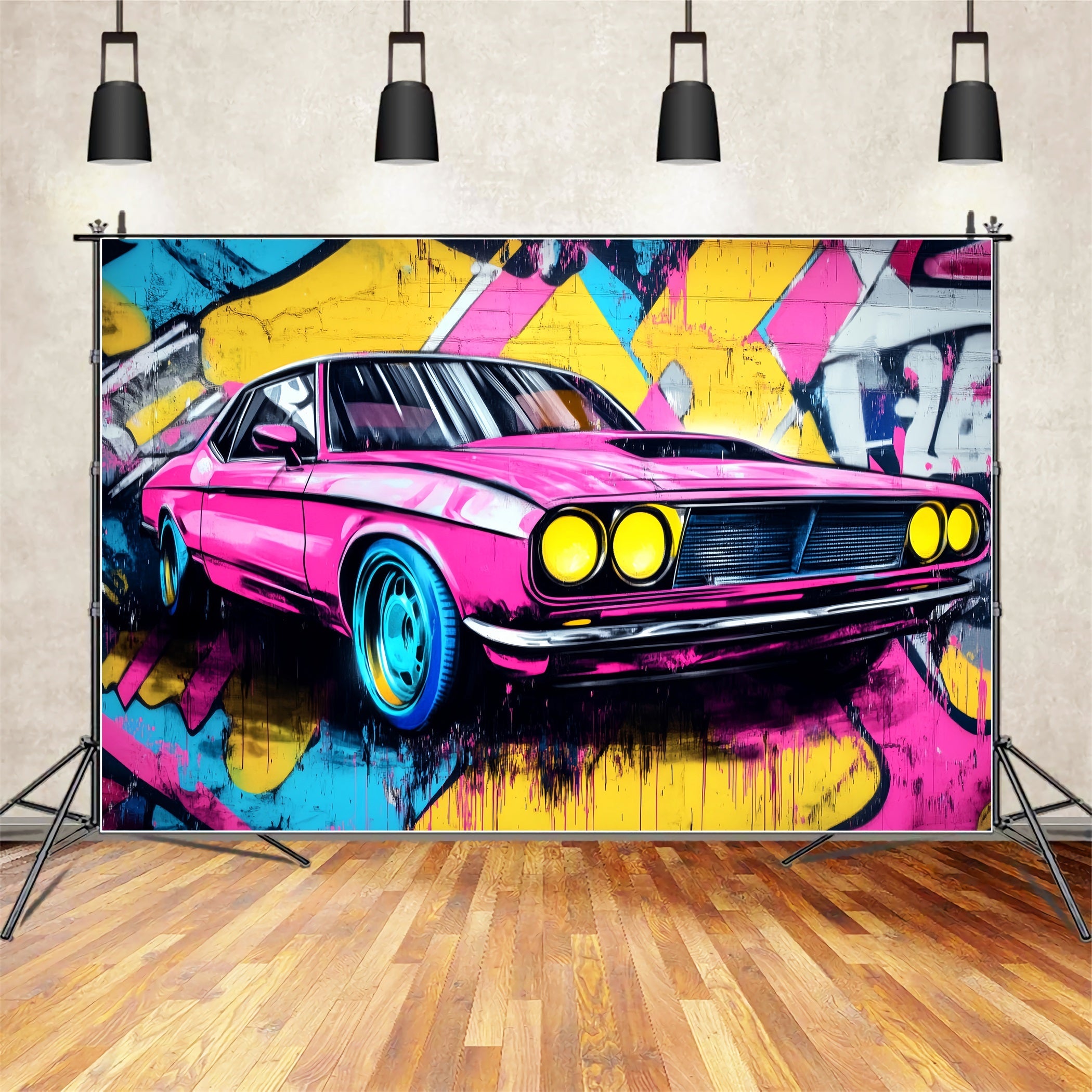 Graffiti Wall Graffiti Neon Pink Muscle Car Graffiti Photo Backdrop UK LXX58-265