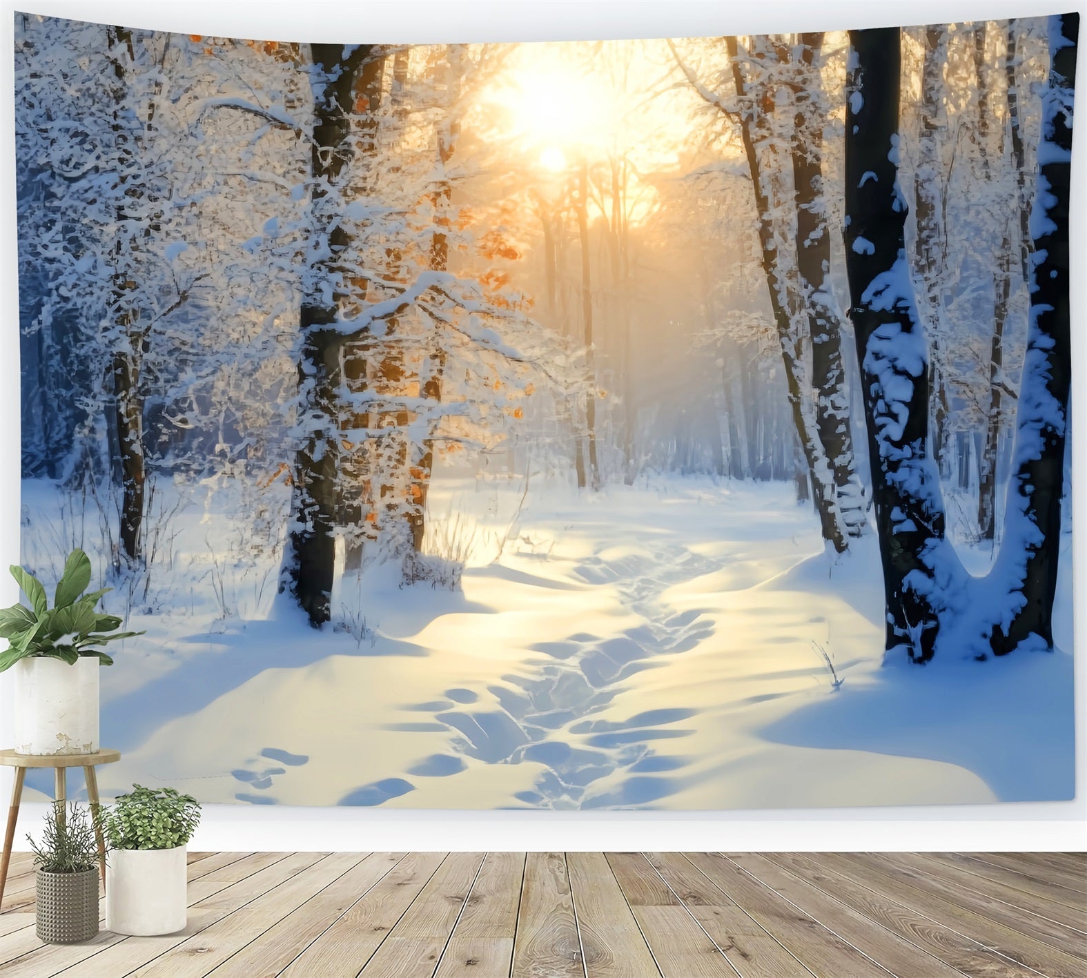 Winter Snowy Forest Golden Sunrise Snow Trail Snow Forest Backdrop UK LXX58-278