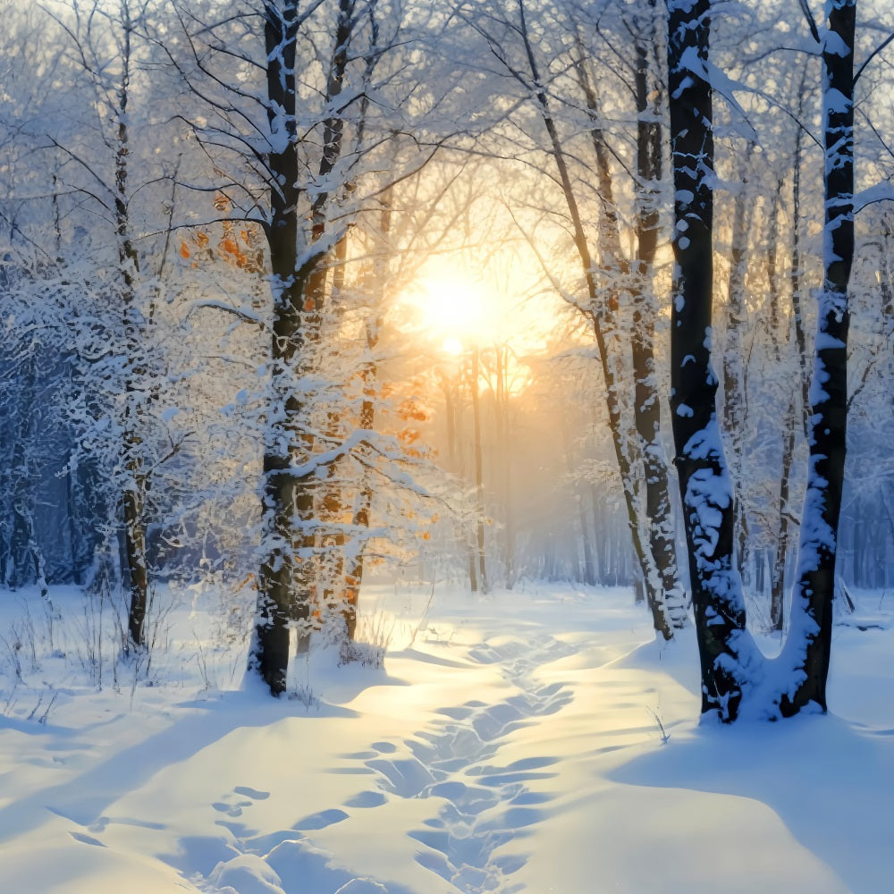 Winter Snowy Forest Golden Sunrise Snow Trail Snow Forest Backdrop UK LXX58-278