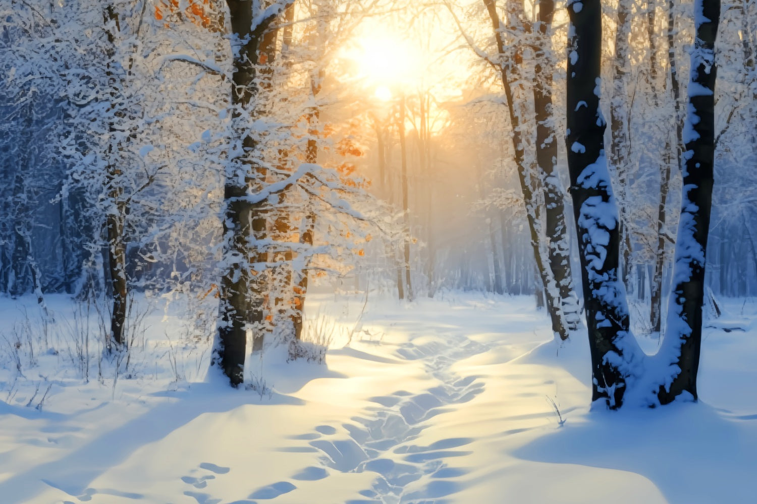 Winter Snowy Forest Golden Sunrise Snow Trail Snow Forest Backdrop UK LXX58-278