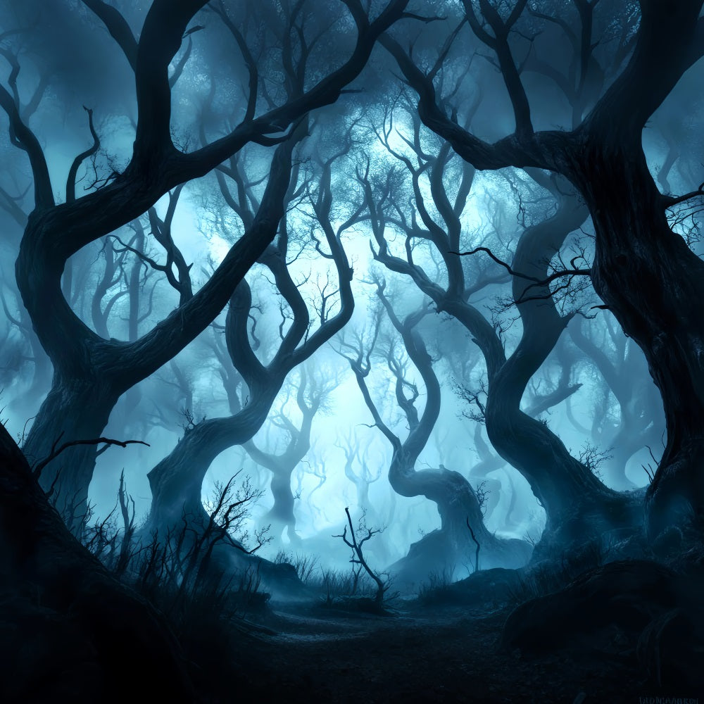 Dark Creepy Forest Twisted Trees Blue Mist Forest Backdrop UK LXX58-280