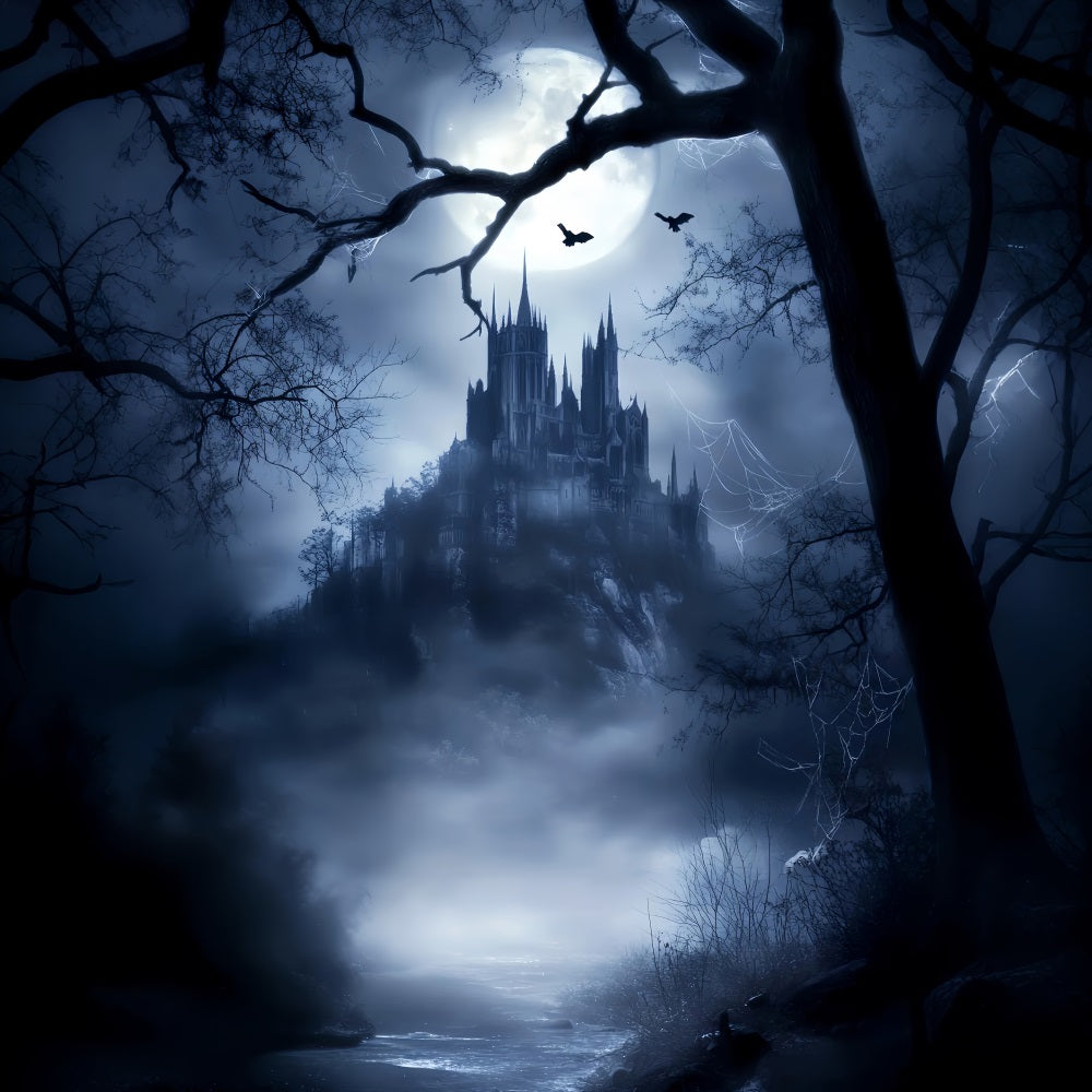 Haunted Creepy Forest Moonlit Gothic Castle Mist Dark Forest Backdrop UK LXX58-281