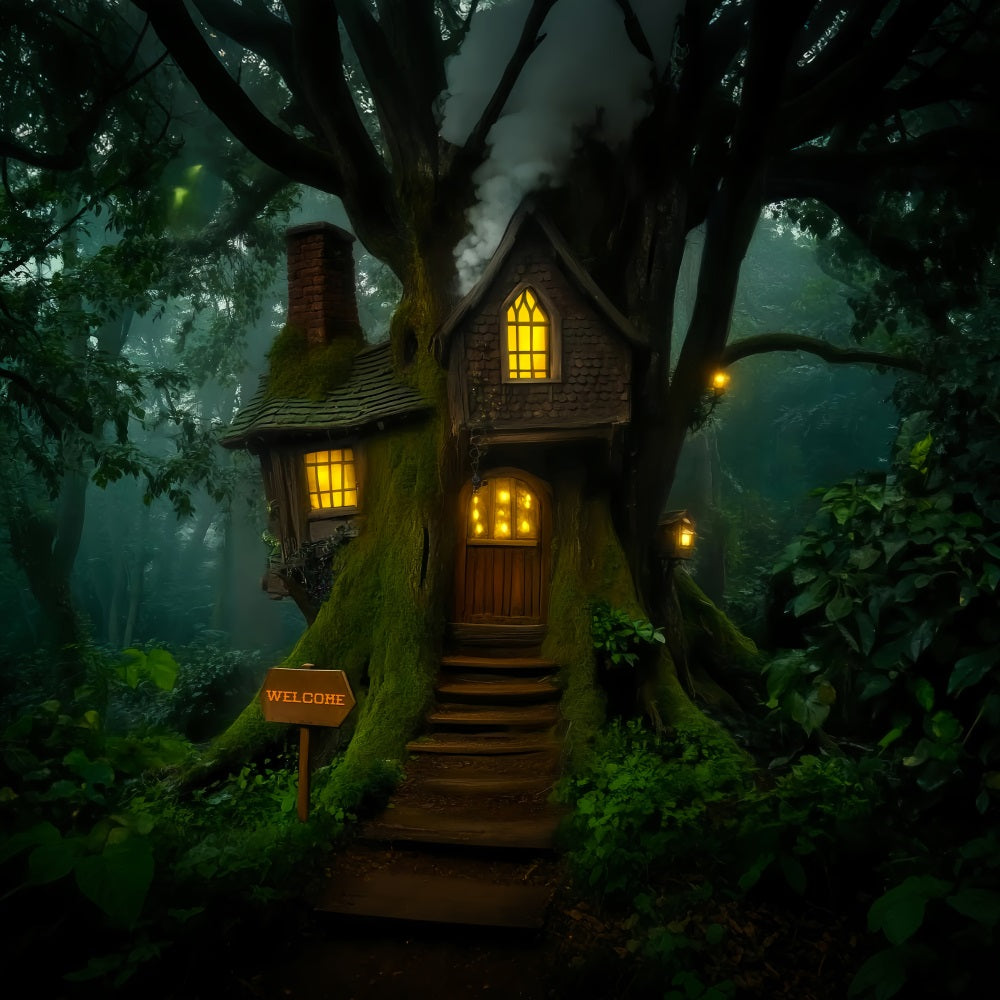 Dark Creepy Forest Whimsical Treehouse Lantern Glow Scary Forest Backdrop UK LXX58-283