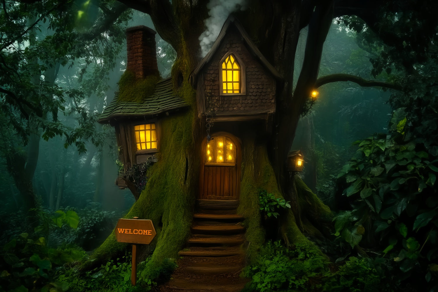 Dark Creepy Forest Whimsical Treehouse Lantern Glow Scary Forest Backdrop UK LXX58-283