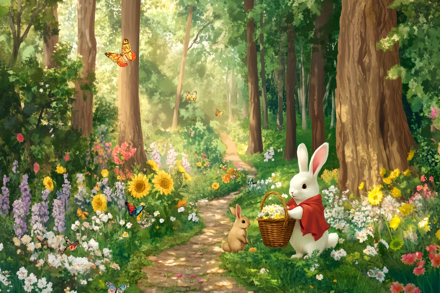 Magical Forest Sunflower Meadow Bunny Gathering Enchanted Forest Backdrop UK LXX58-287