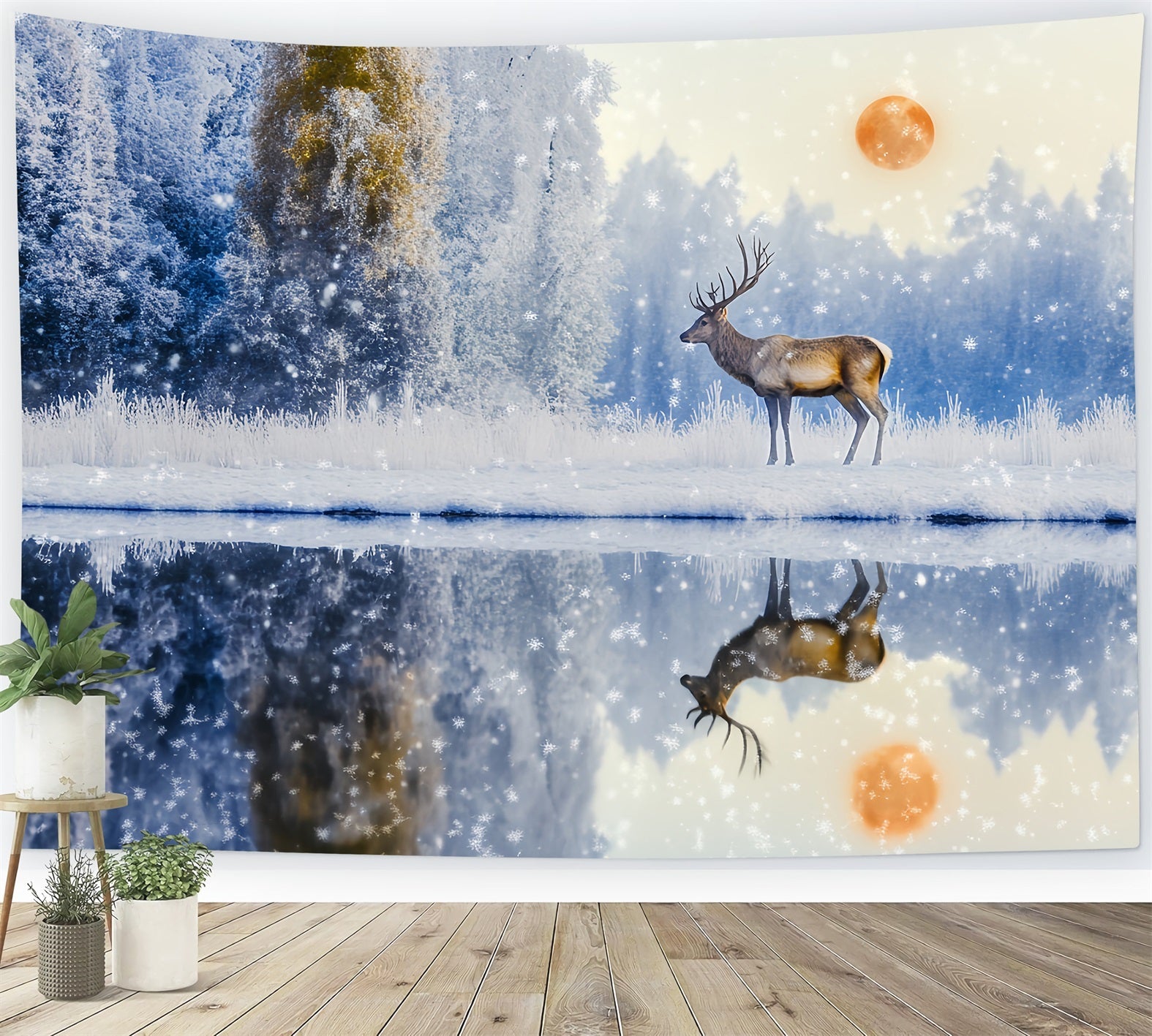 Enchanted Forest Snowfall Deer Sunrise Reflection Magical Forest Backdrop UK LXX58-289