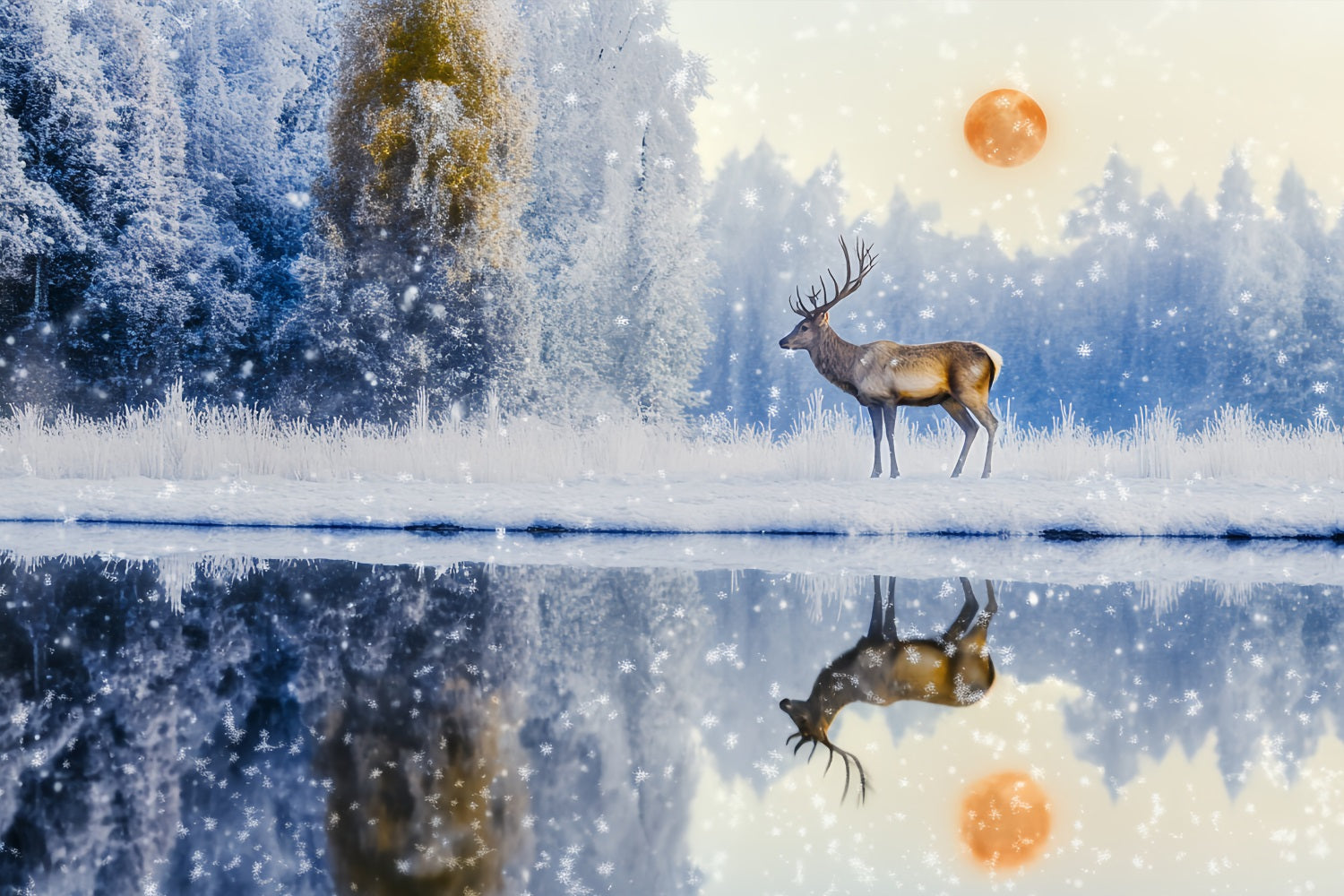 Enchanted Forest Snowfall Deer Sunrise Reflection Magical Forest Backdrop UK LXX58-289