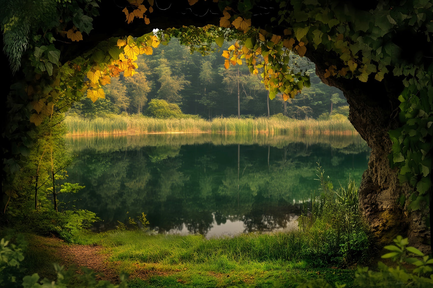 Rainforest Lakeside Cave Ivy Frame Forest Scene Backdrop UK LXX58-294