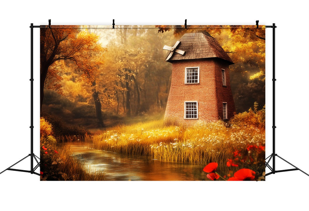 Fall Forest Autumn Windmill Golden River Fantasy Forest Backdrop UK LXX58-295