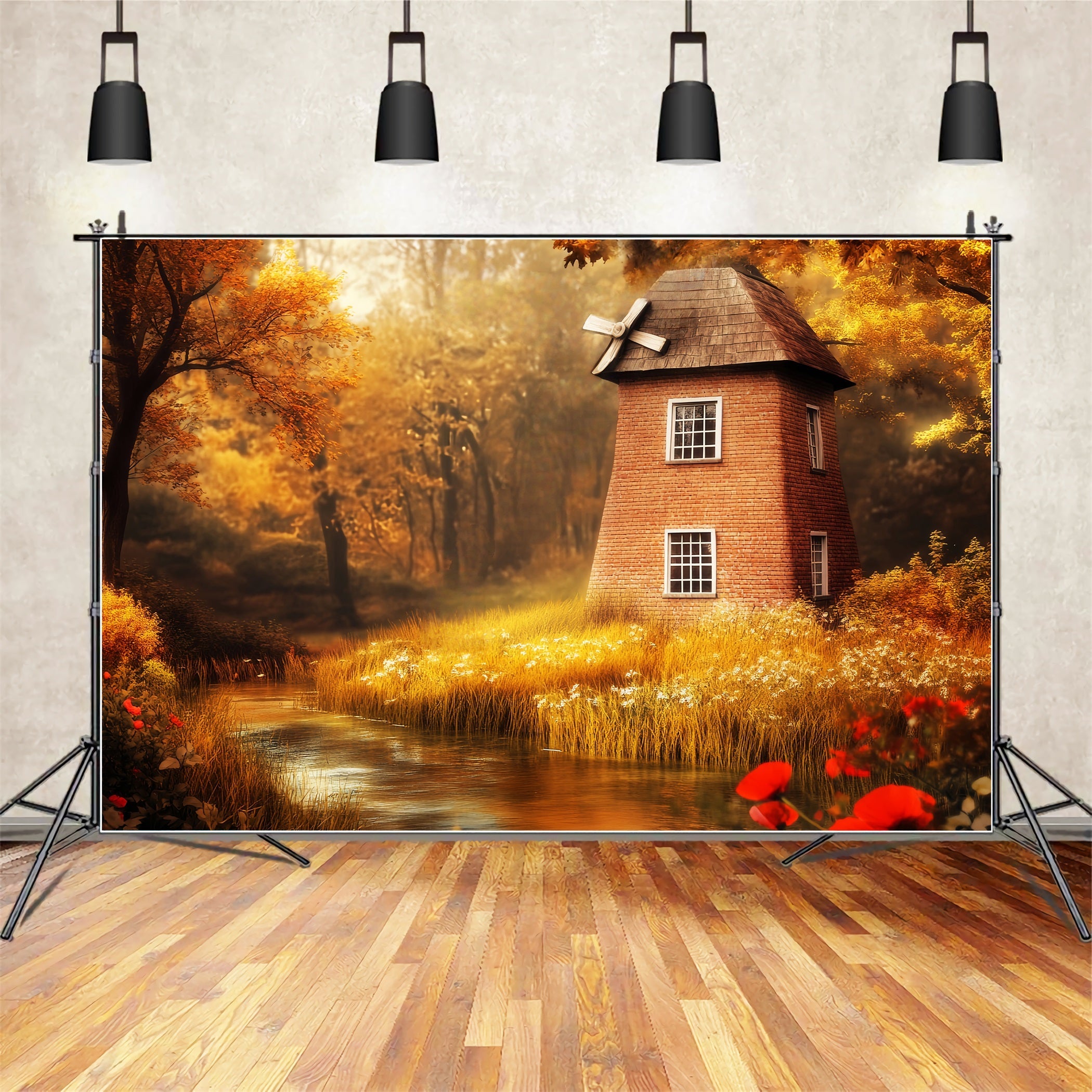 Fall Forest Autumn Windmill Golden River Fantasy Forest Backdrop UK LXX58-295