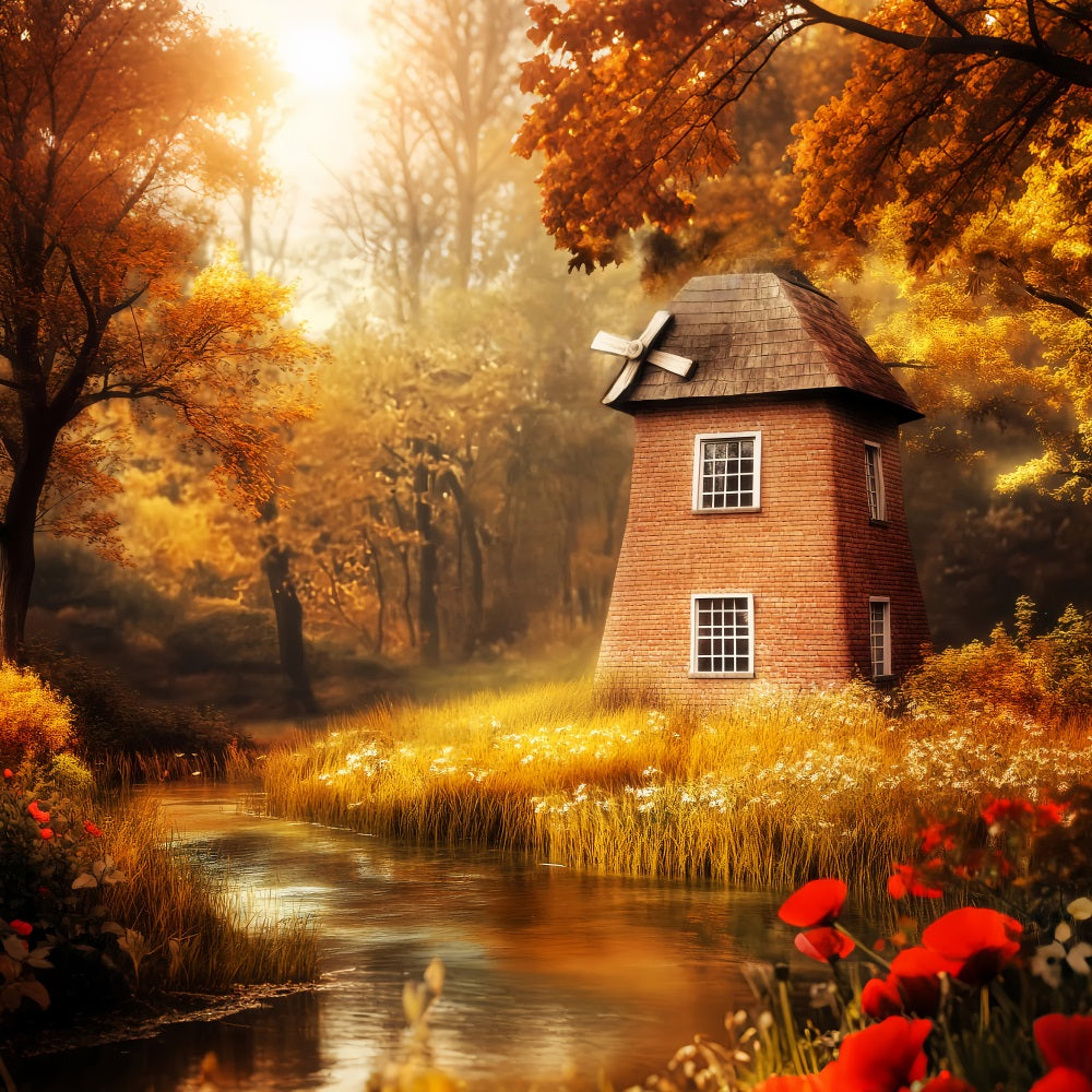 Fall Forest Autumn Windmill Golden River Fantasy Forest Backdrop UK LXX58-295