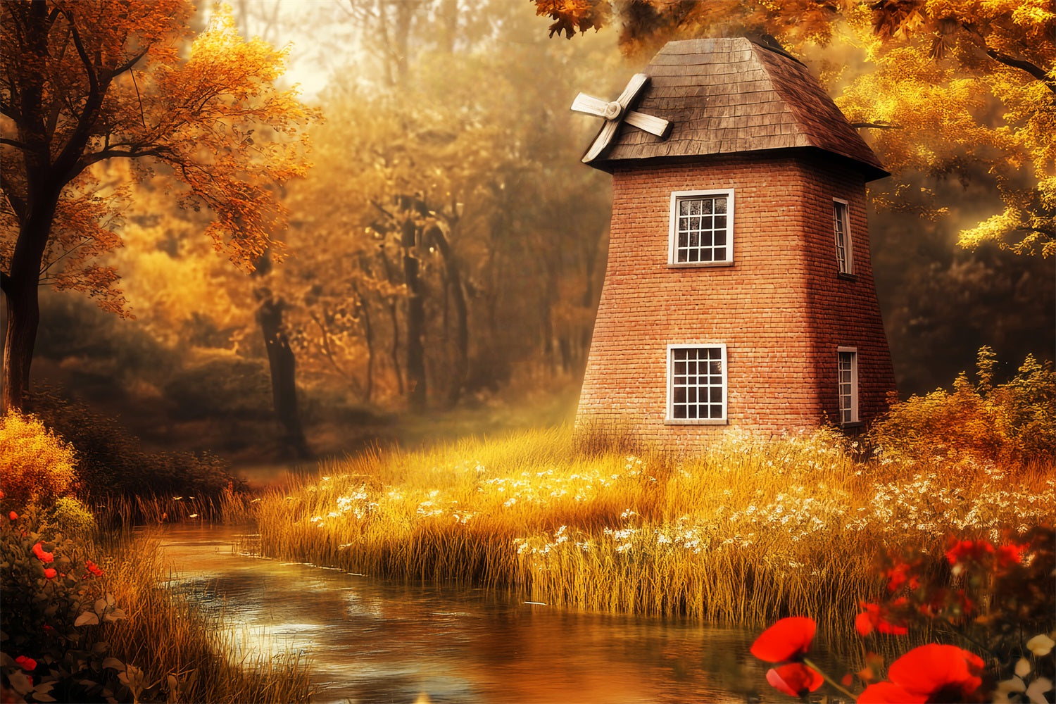 Fall Forest Autumn Windmill Golden River Fantasy Forest Backdrop UK LXX58-295
