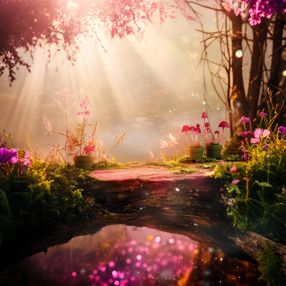 Fall Forest Magical Pink Mushroom Bridge Forest Photo Backdrop UK LXX58-296