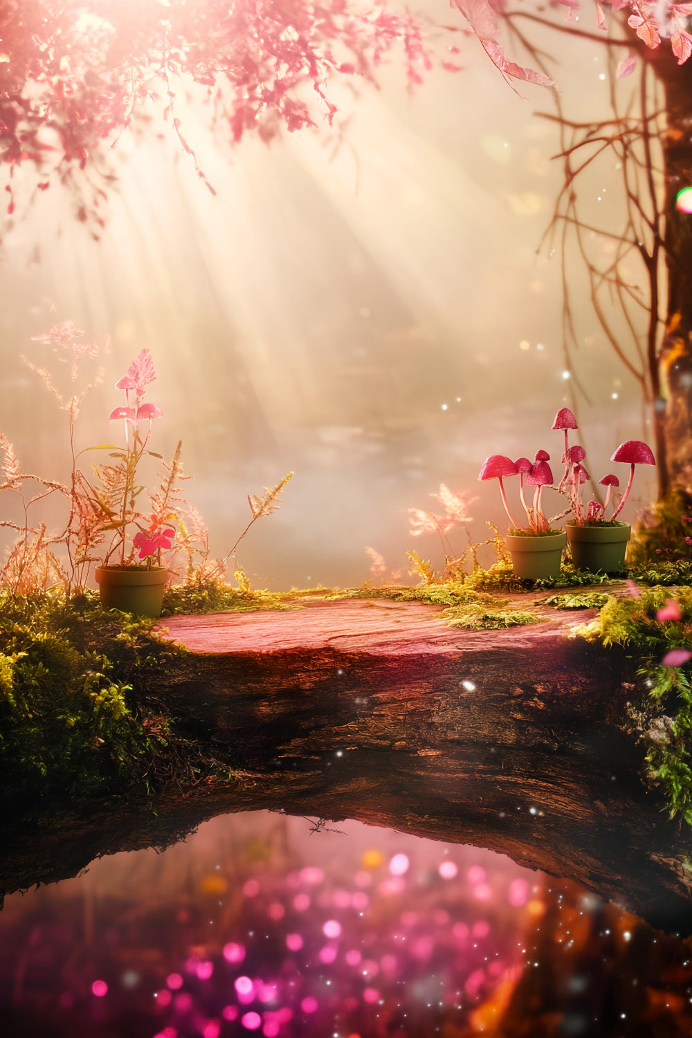 Fall Forest Magical Pink Mushroom Bridge Forest Photo Backdrop UK LXX58-296