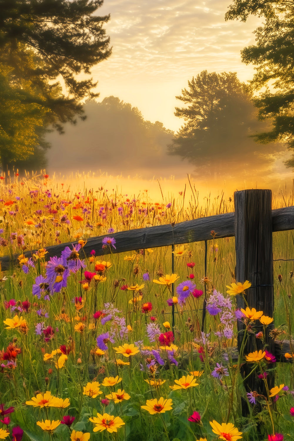 Fall Forest Wildflower Sunrise Glow Forest Photography Backdrop UK LXX58-297