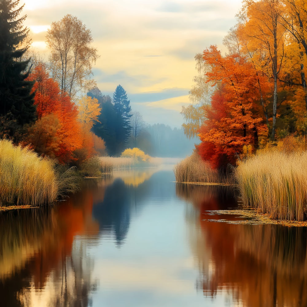Fall Forest Golden Reflection Autumn River Autumn Forest Backdrop UK LXX58-299