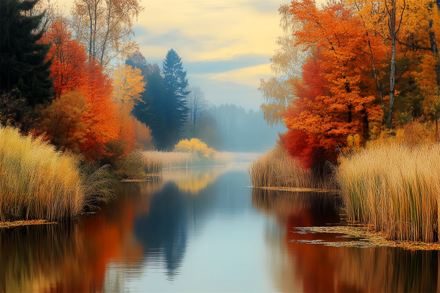 Fall Forest Golden Reflection Autumn River Autumn Forest Backdrop UK LXX58-299