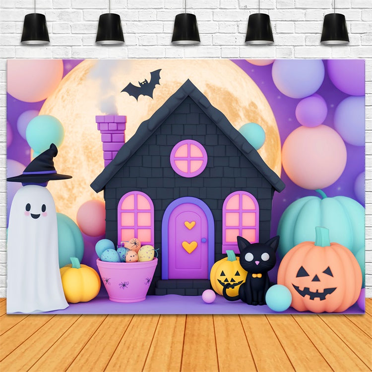 Cute Halloween Backdrop Black Cat Balloon Night Backdrop UK LXX58-30