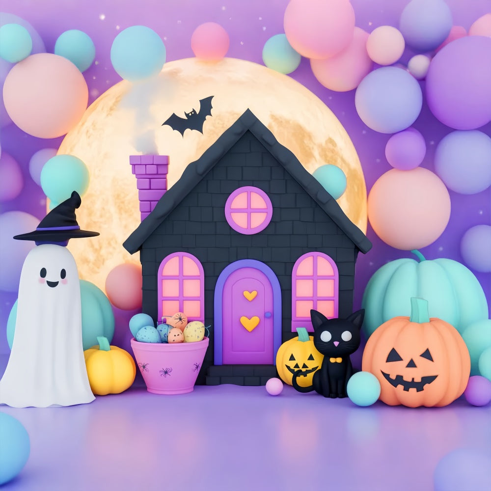 Cute Halloween Backdrop Black Cat Balloon Night Backdrop UK LXX58-30
