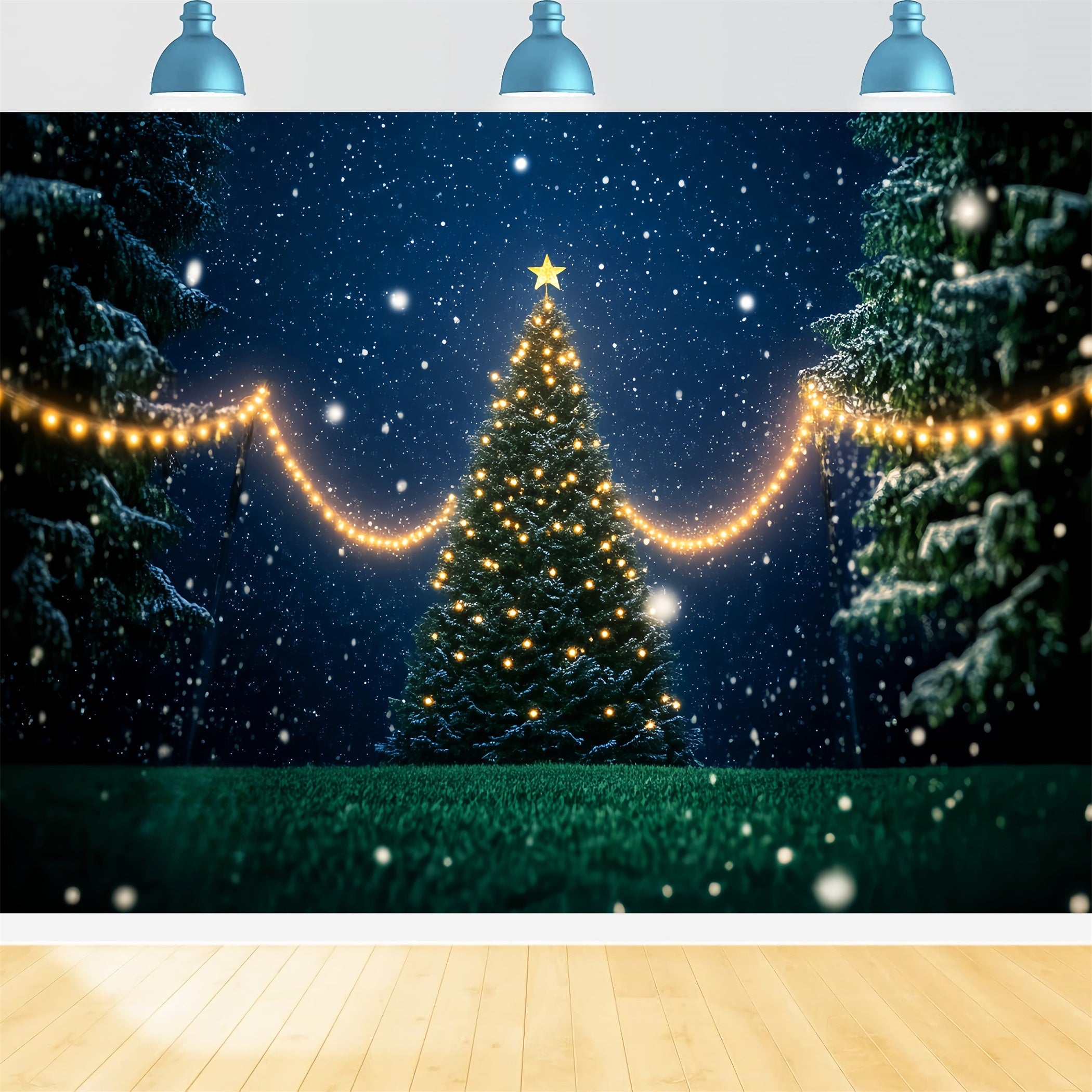 Night Forest Snowy Christmas Tree Lights Snowy Forest Backdrop UK LXX58-302