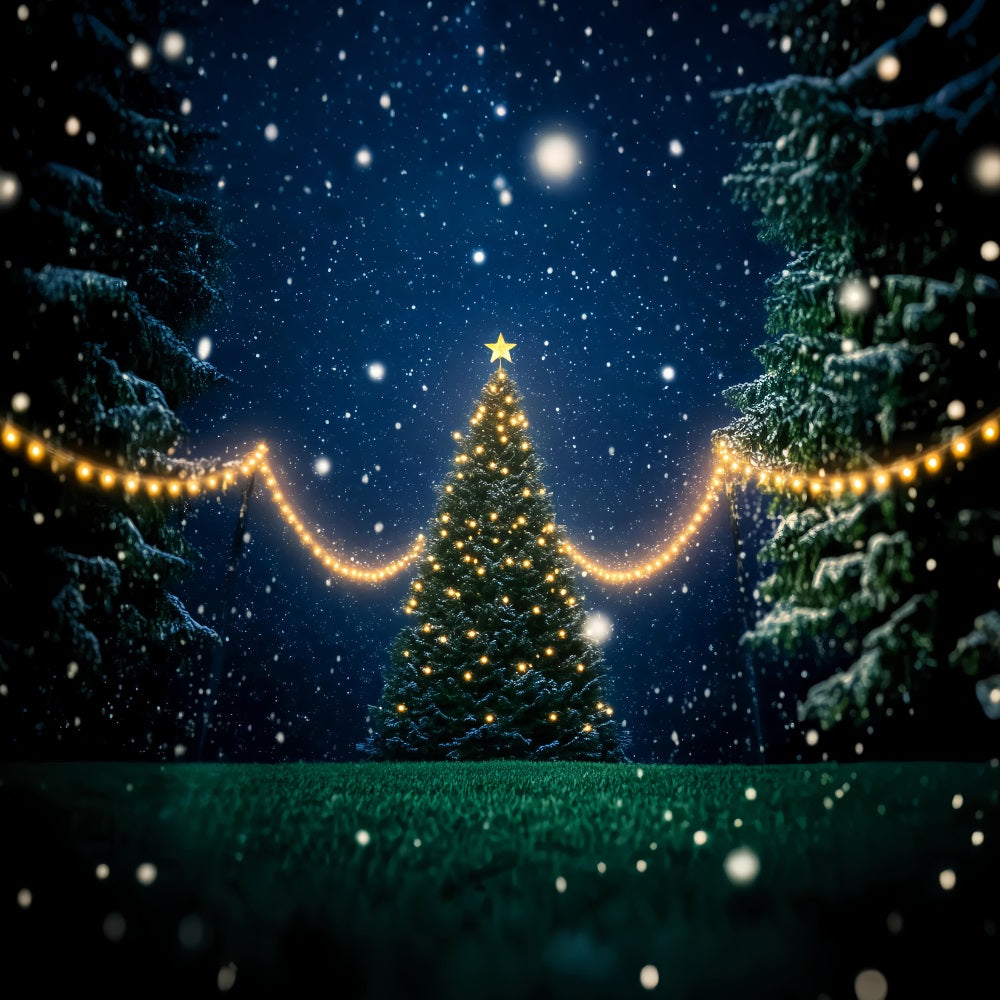 Night Forest Snowy Christmas Tree Lights Snowy Forest Backdrop UK LXX58-302