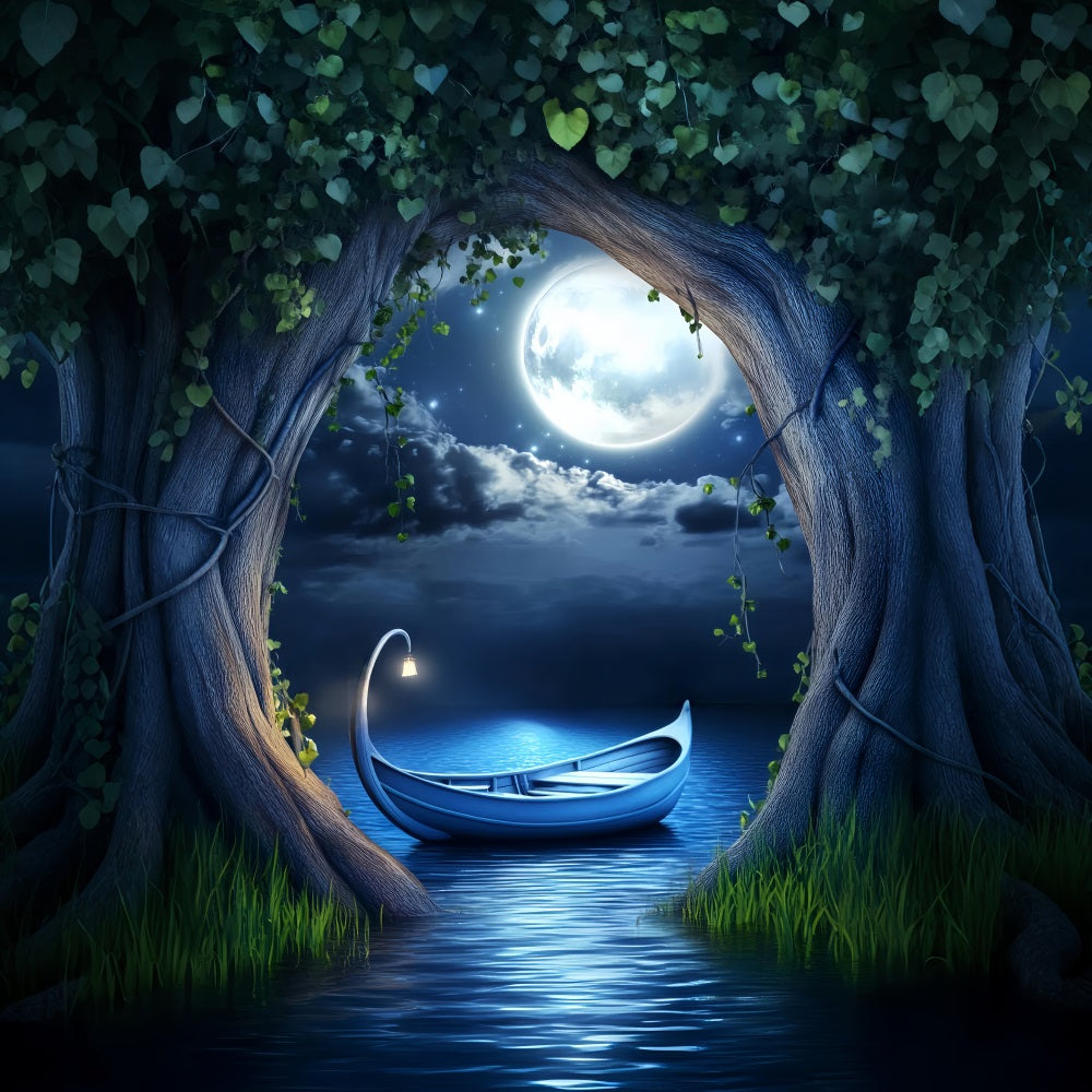 Night Forest Moonlit Boat Enchanted Lake Enchanted Forest Backdrops UK LXX58-303