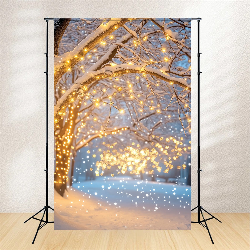 Night Forest Snowy Pathway Golden Lights Winter Forest Backdrop UK LXX58-305