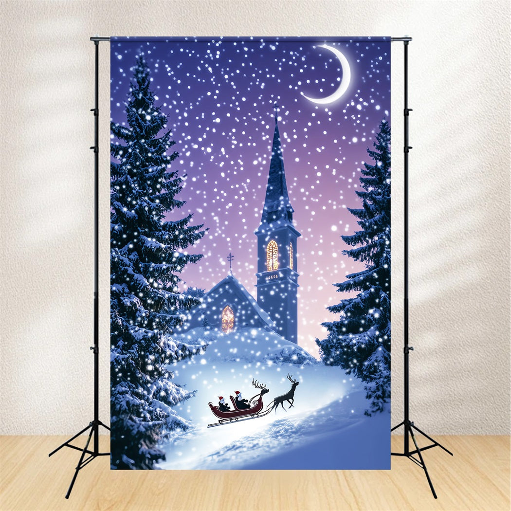 Pine Christmas Forest Church Sleigh Winter Night Snowy Forest Backdrop UK LXX58-306