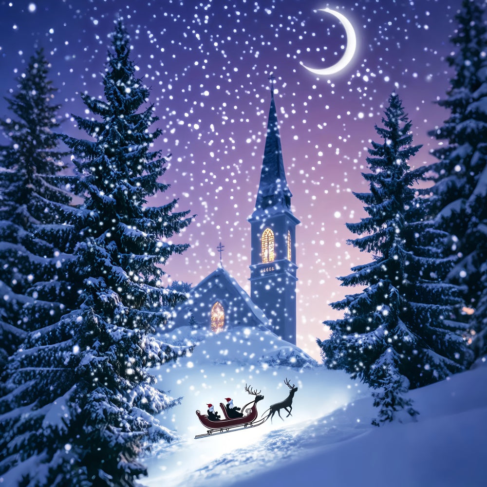Pine Christmas Forest Church Sleigh Winter Night Snowy Forest Backdrop UK LXX58-306