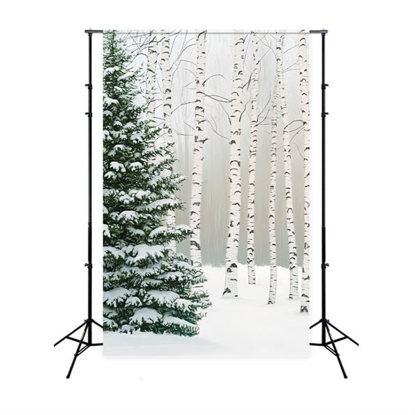 Pine Forest Birch Grove Snow Pines Winter Forest Photography Backdrop UK LXX58-307