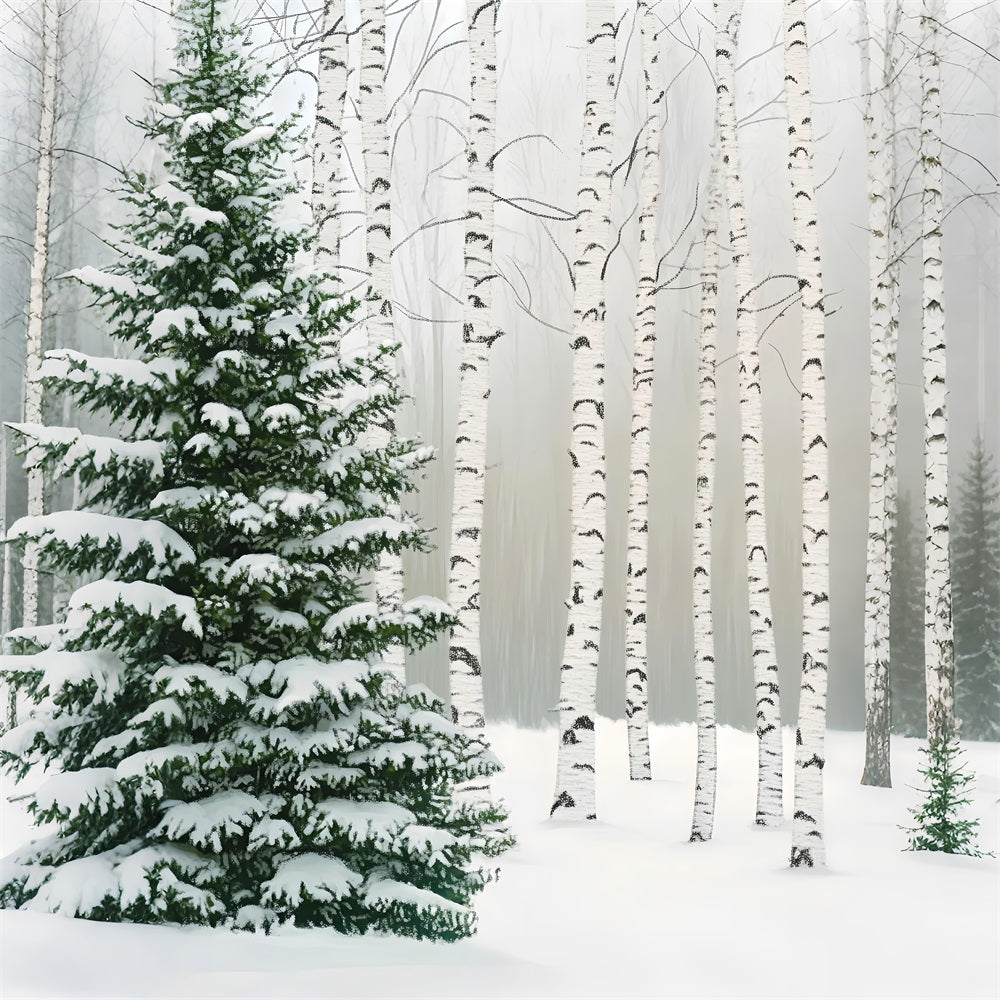 Pine Forest Birch Grove Snow Pines Winter Forest Photography Backdrop UK LXX58-307