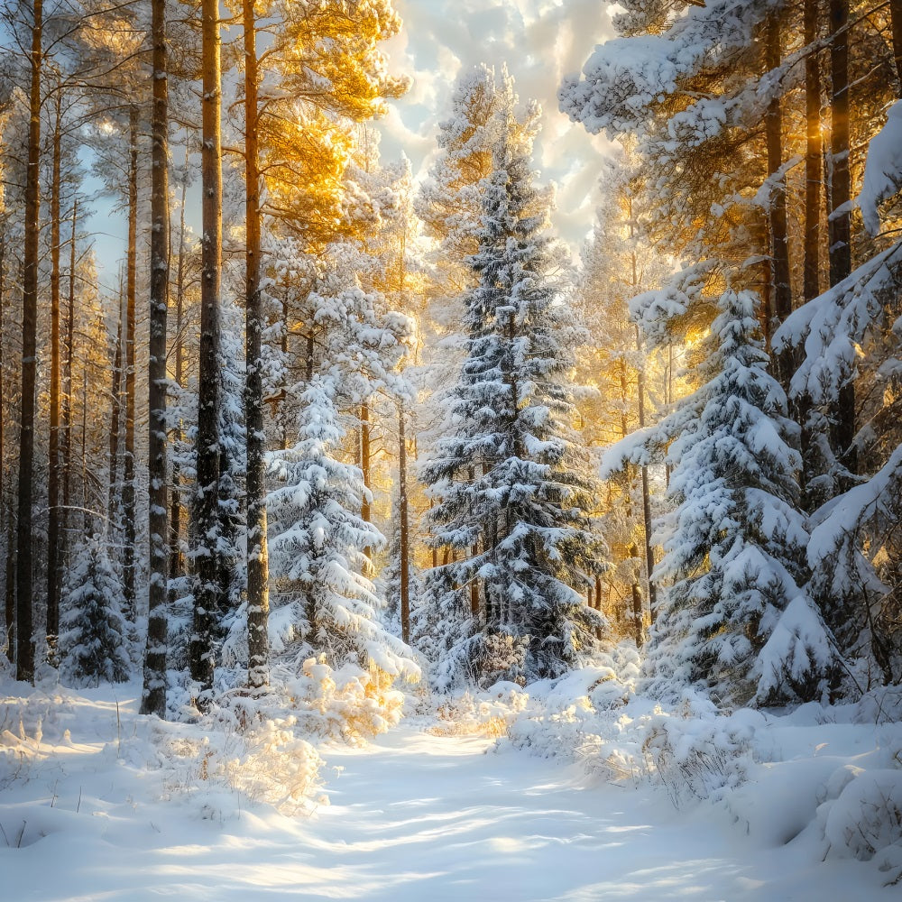 Christmas Pine Forest Frosty Trees Golden Glow Forest Photo Backdrop UK LXX58-309