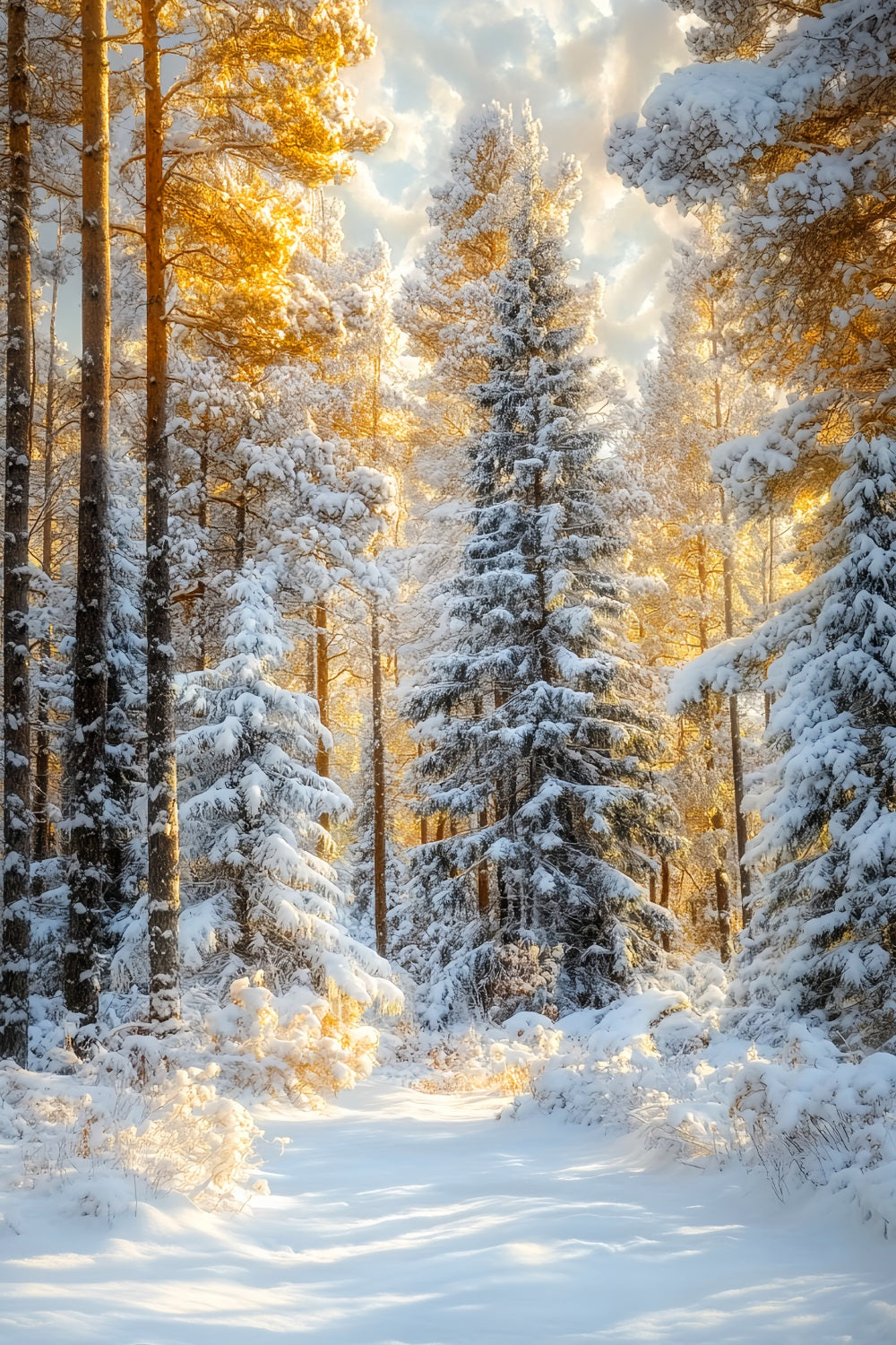 Christmas Pine Forest Frosty Trees Golden Glow Forest Photo Backdrop UK LXX58-309