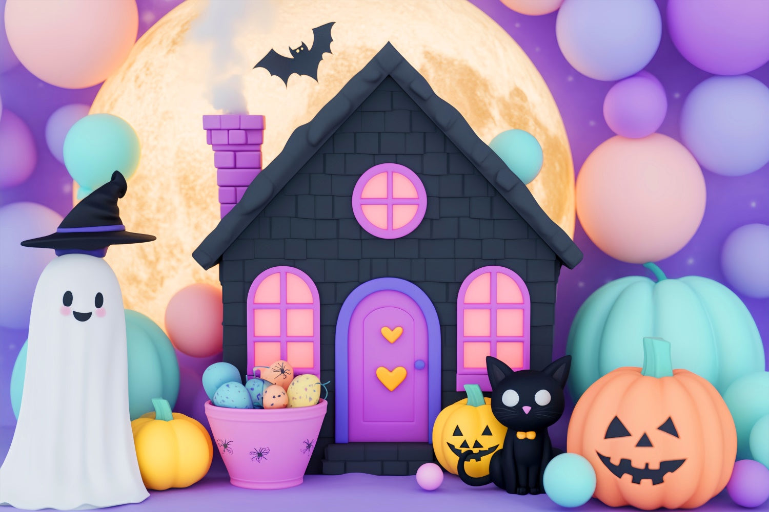 Cute Halloween Backdrop Black Cat Balloon Night Backdrop UK LXX58-30