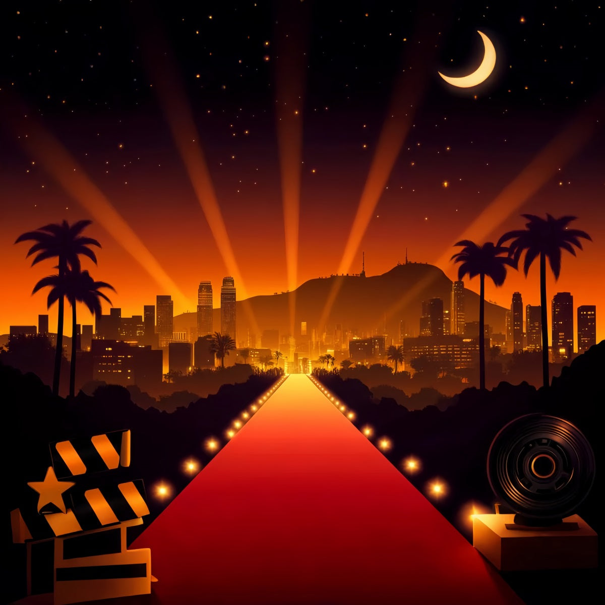 Hollywood Backdrop Hollywood Skyline Spotlight Glow Red Carpet Backdrop UK LXX58-312