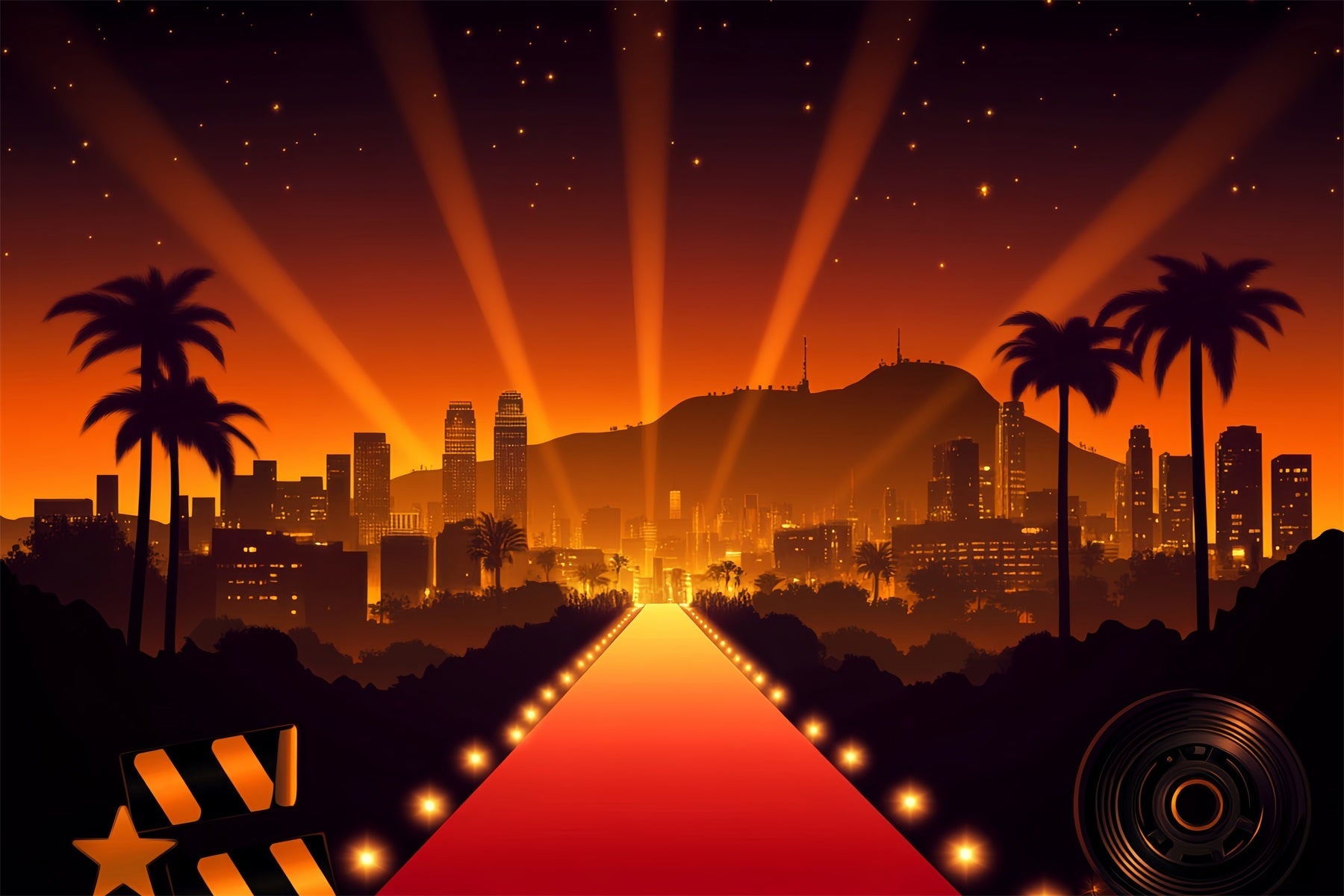 Hollywood Backdrop Hollywood Skyline Spotlight Glow Red Carpet Backdrop UK LXX58-312