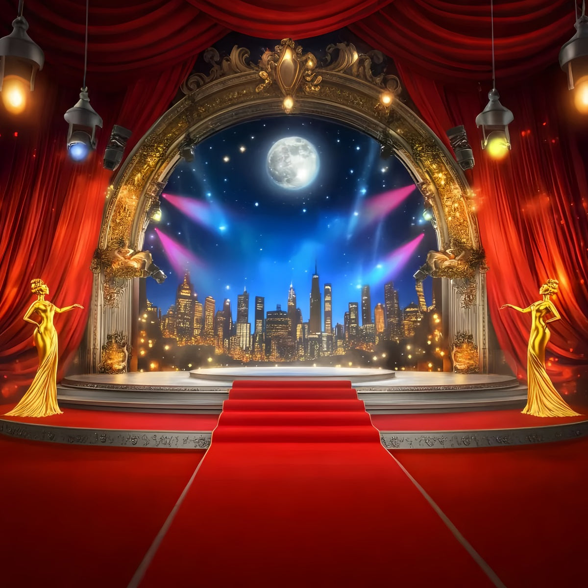 Oscar Backdrop Golden Stage Moonlight Skyline Stage Red Carpet Backdrop UK LXX58-317