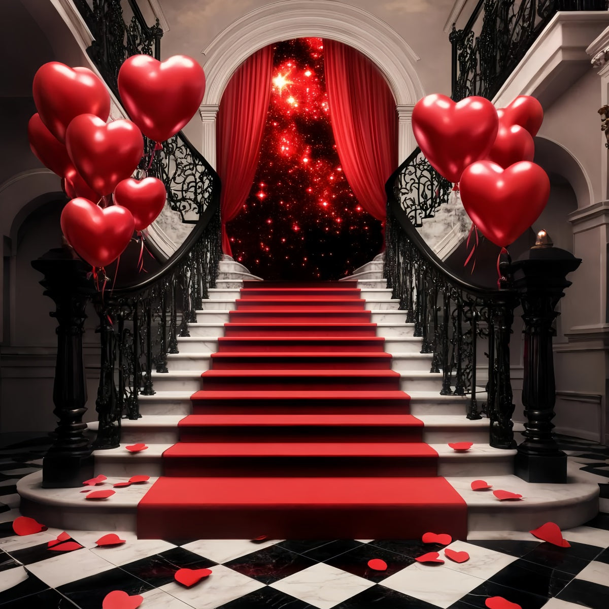 Oscar Backdrop Romantic Staircase Heart Balloons Red Carpet Stage Backdrop UK LXX58-319