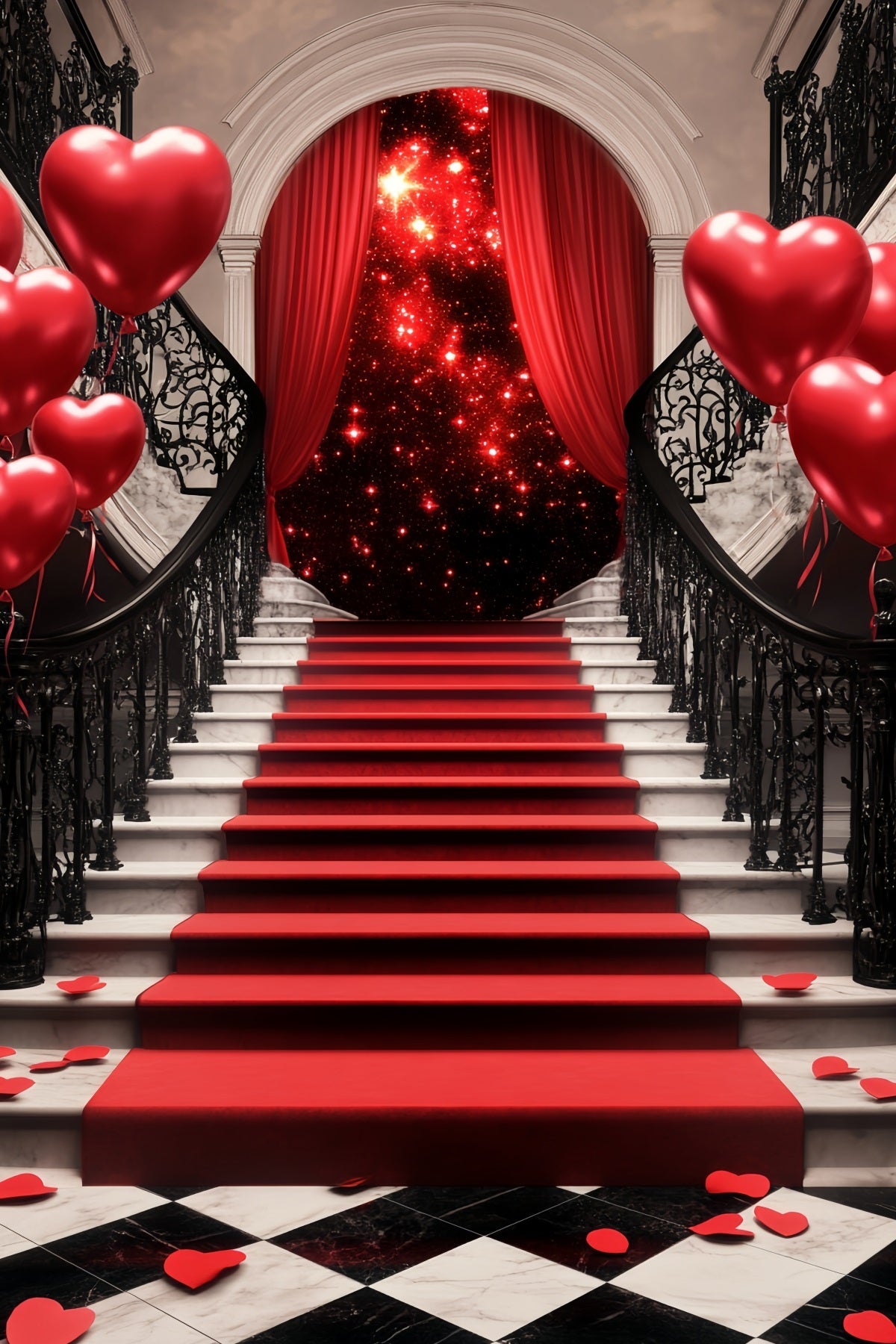 Oscar Backdrop Romantic Staircase Heart Balloons Red Carpet Stage Backdrop UK LXX58-319